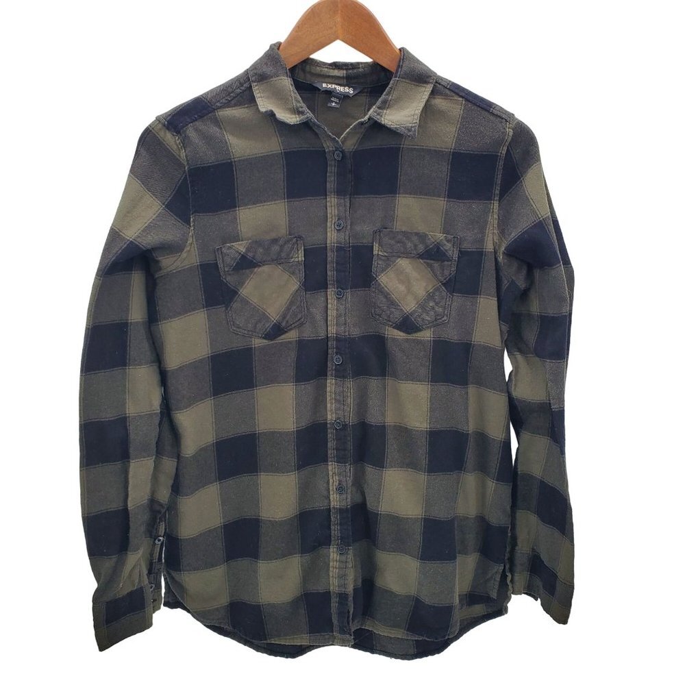 Express Womens Button Up Long Sleeve‎ Plaid Flannel Shirt Top Size S Green Black